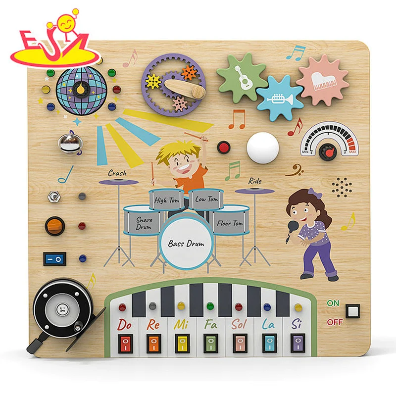 Wooden Music Theme Busy Board - Kids Interactive Sensory Play Panel with Piano & Gears W12D801